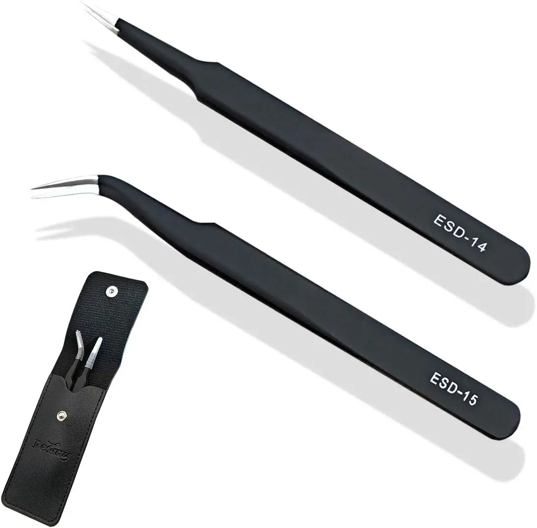 ESD Anti static Precision Electronics Tweezers tools Kit,Non Magnetic Multi-standard Stainless Steel Tweezer Set for Electronics Jewelry-making Repairing,cell phone repair,2pack (ESD-14 and ESD-15)